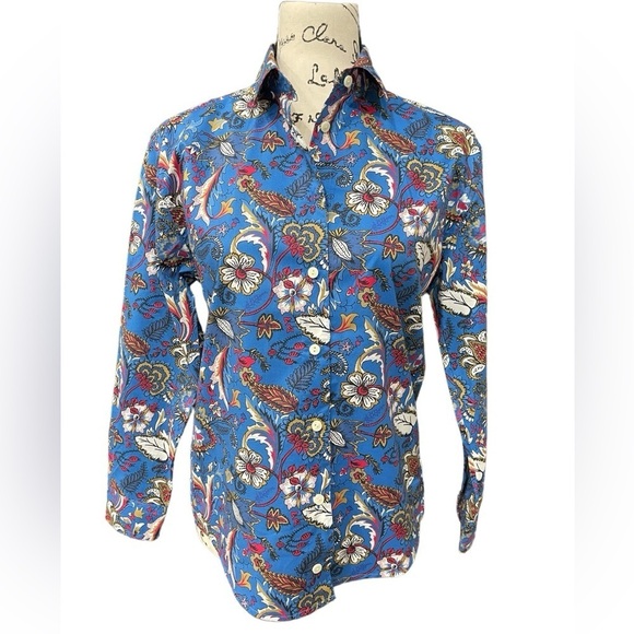 Hinson Wu Jacobean Floral Button Down Shirt Blue Multi-Color Long Sleeve | XS - Picture 2 of 8